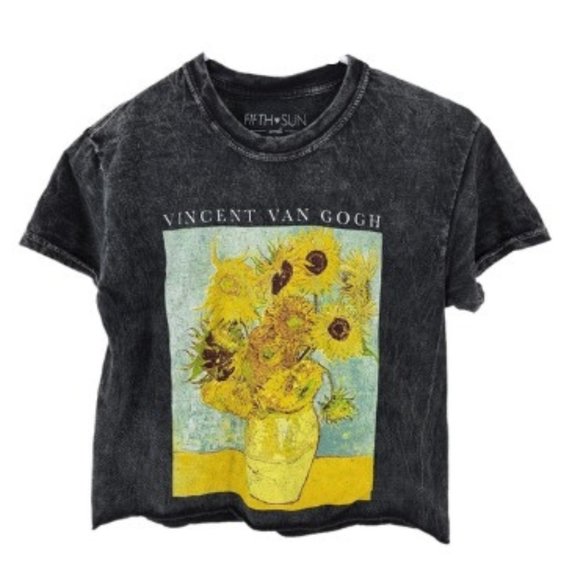 Fifth Sun Tops - Fifth Sun Women's Vincent Van Gogh Sun Flower In A Vase Print Crop Shirt - S